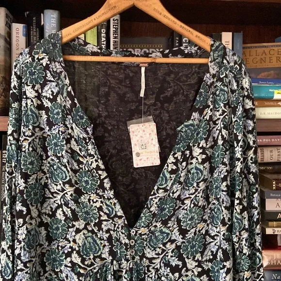 NWT Free People Olivia Printed Tunic Mini Dress in Deep Sea Combo Women's Size M