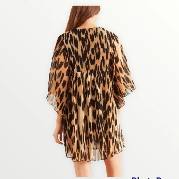 NWT GANNI Pleated Georgette Mini Dress in Maxi Leopard, Size XXS/XS