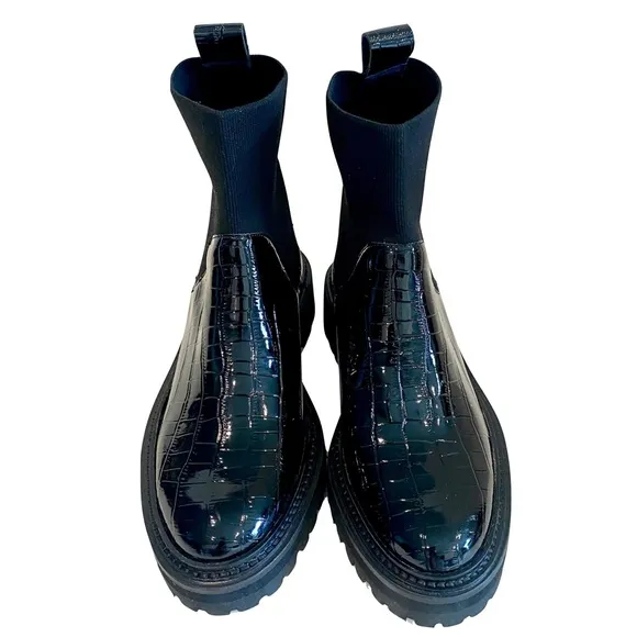 NWT -Loeffler Randall Bridget Chelsea Combat Boots Black Patent Leather Size 5.5