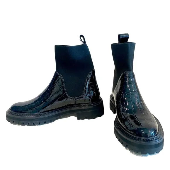 NWT -Loeffler Randall Bridget Chelsea Combat Boots Black Patent Leather Size 5.5