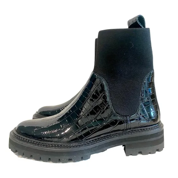 NWT -Loeffler Randall Bridget Chelsea Combat Boots Black Patent Leather Size 5.5