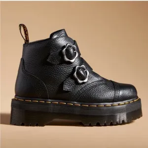 NWT RARE Dr. Martens Devon Flower Black Buckle Leather Platform Boots Size 8