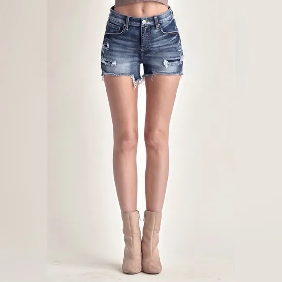 NWT RISEN Dark Wash Mid Rise Distressed Raw Hem Denim Shorts