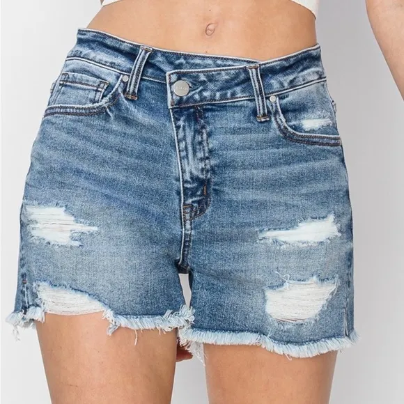 NWT RISEN Medium Wash Asymmetrical Crossover Waist Raw Frayed Hem Denim Shorts