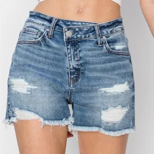 NWT RISEN Medium Wash Asymmetrical Crossover Waist Raw Frayed Hem Denim Shorts
