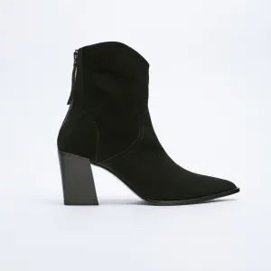 NWT. Zara Black Split Leather Suede Cowboy Heeled Ankle Boots. Size 7,5, 8.