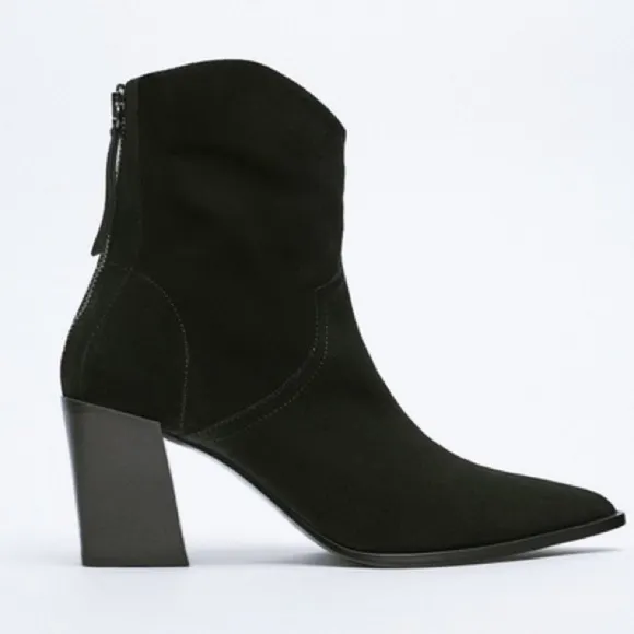 NWT. Zara Black Split Leather Suede Cowboy Heeled Ankle Boots. Size 7,5, 8.