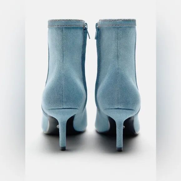 NWT. Zara Blue Denim Fabric Heeled Ankle Boots. Size 11.