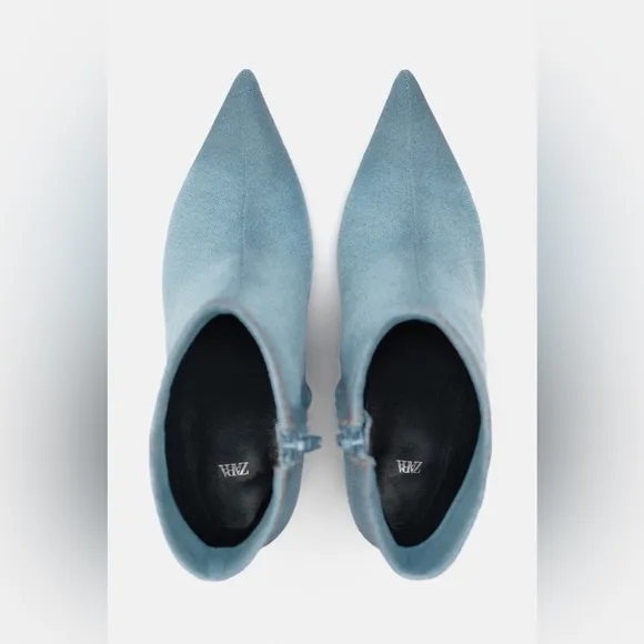 NWT. Zara Blue Denim Fabric Heeled Ankle Boots. Size 11.