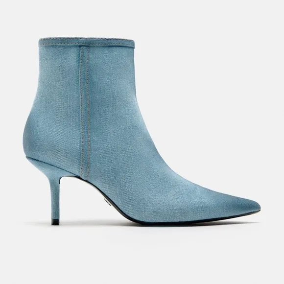 NWT. Zara Blue Denim Fabric Heeled Ankle Boots. Size 11.
