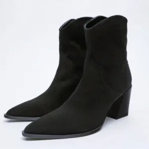 NWT ZARA GENUINE SUEDE BLACK POINTED TOE BOOTS 39