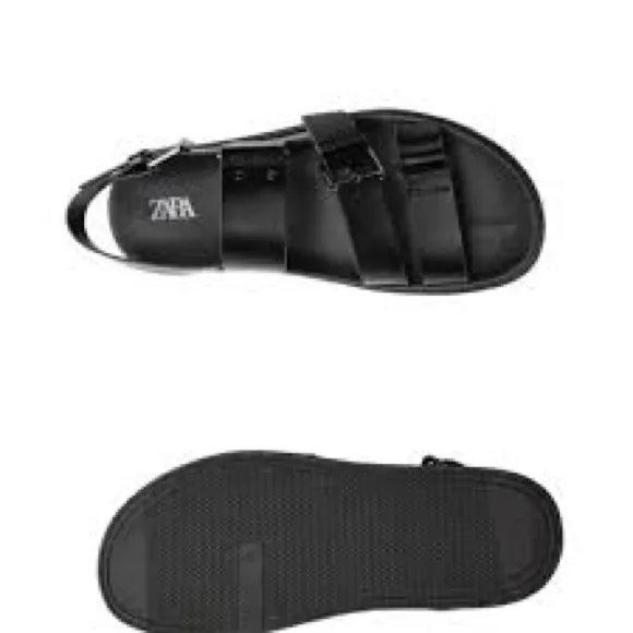 NWT. Zara Man Black Faux Leather Strapped Sandals. Size 8, 9.