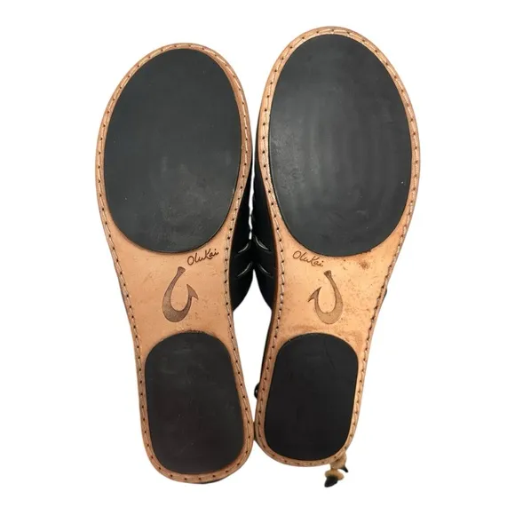 Olukai Hikina Black Leather Sandals size women’s 7