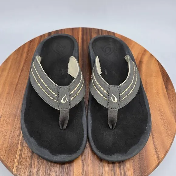 Olukai Hokua Sandals Men's 11 Brown Black Slip On Beach Thong Flip Flops