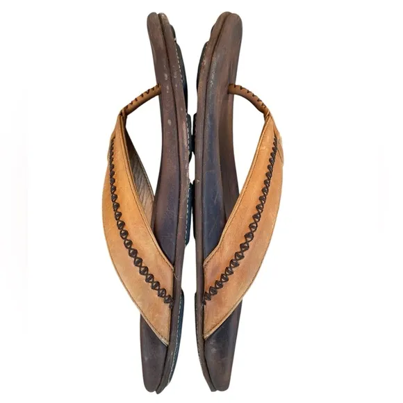 OLUKAI Mea Ola Men's Beach Sandals Tan Dark/Java Leather Flip-Flop Sz 11