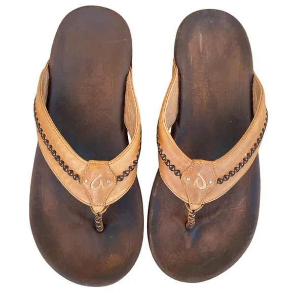 OLUKAI Mea Ola Men's Beach Sandals Tan Dark/Java Leather Flip-Flop Sz 11