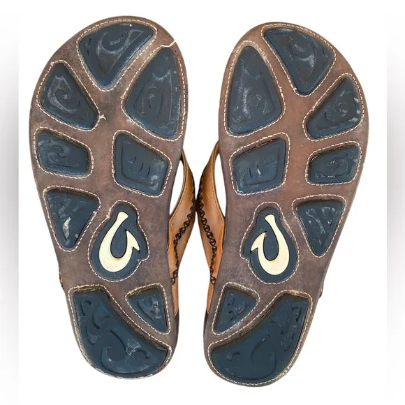 OLUKAI Mea Ola Men's Beach Sandals Tan Dark/Java Leather Flip-Flop Sz 11