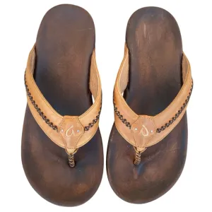 OLUKAI Mea Ola Men's Beach Sandals Tan Dark/Java Leather Flip-Flop Sz 11