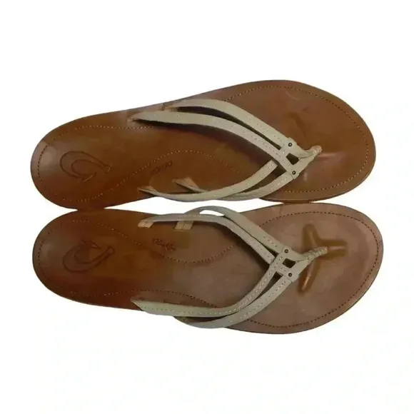 Olukai U'i Flip Flop Women's Ivory Leather Beach Thong Sandals Size EU 40 US 10