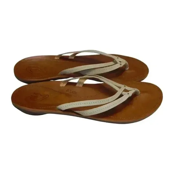 Olukai U'i Flip Flop Women's Ivory Leather Beach Thong Sandals Size EU 40 US 10