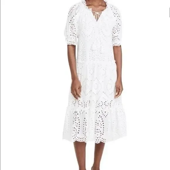 O.P.T. White Eyelet Tiered Summer Midi Dress 100% Cotton X-Small
