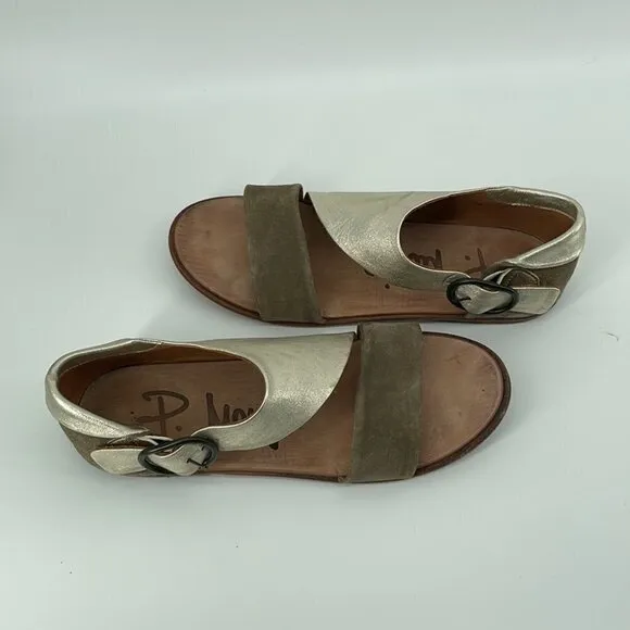 P Monjo Sandals Daniela Leather Gold Tan Neutral Flats Summer Unique Sz 7
