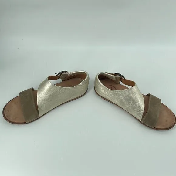 P Monjo Sandals Daniela Leather Gold Tan Neutral Flats Summer Unique Sz 7