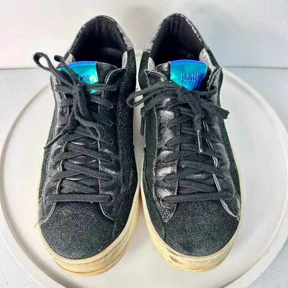 P448 Sneakers John Glitter Metallic Low Top Lace Up Skater Black 38 7.5