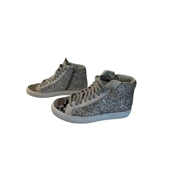 P448 Sneakers Womens 37 (US 6.5) High Top Glitter Snakeskin Lace Skater Grunge