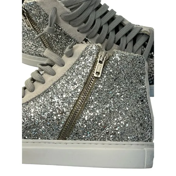 P448 Sneakers Womens 37 (US 6.5) High Top Glitter Snakeskin Lace Skater Grunge