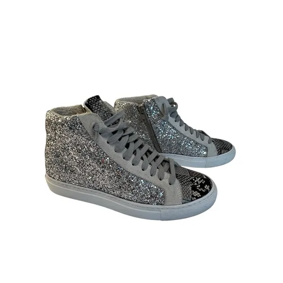 P448 Sneakers Womens 37 (US 6.5) High Top Glitter Snakeskin Lace Skater Grunge