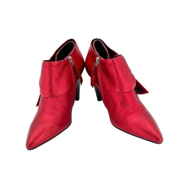Paige Ankle Booties Red Chrome Metallic Leather Bow Pointed Toe SZ 6.5