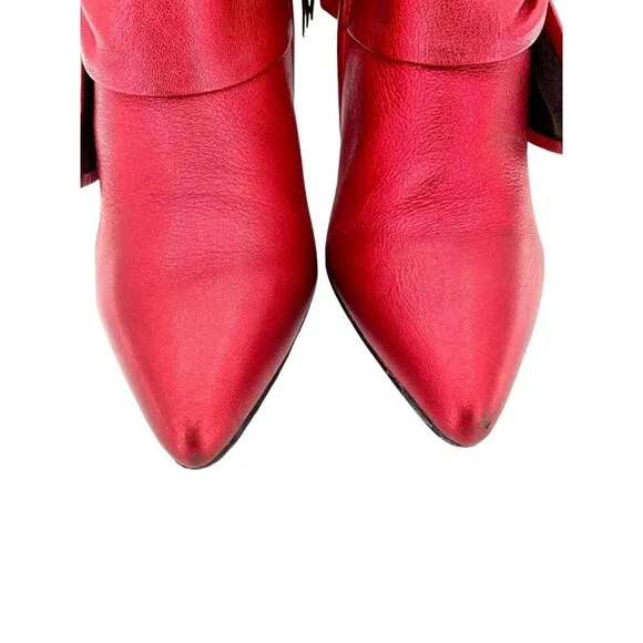 Paige Ankle Booties Red Chrome Metallic Leather Bow Pointed Toe SZ 6.5