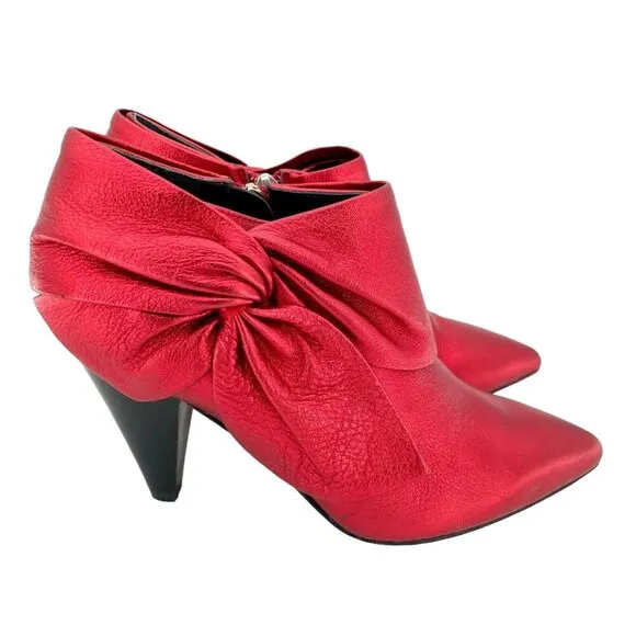 Paige Ankle Booties Red Chrome Metallic Leather Bow Pointed Toe SZ 6.5