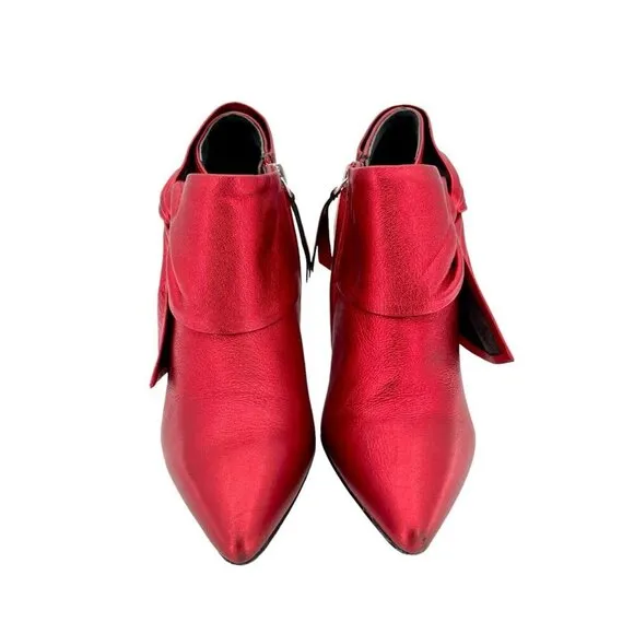 Paige Ankle Booties Red Chrome Metallic Leather Bow Pointed Toe SZ 6.5