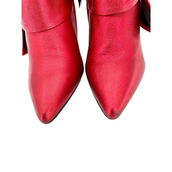 Paige Ankle Booties Red Chrome Metallic Leather Bow Pointed Toe SZ 6.5