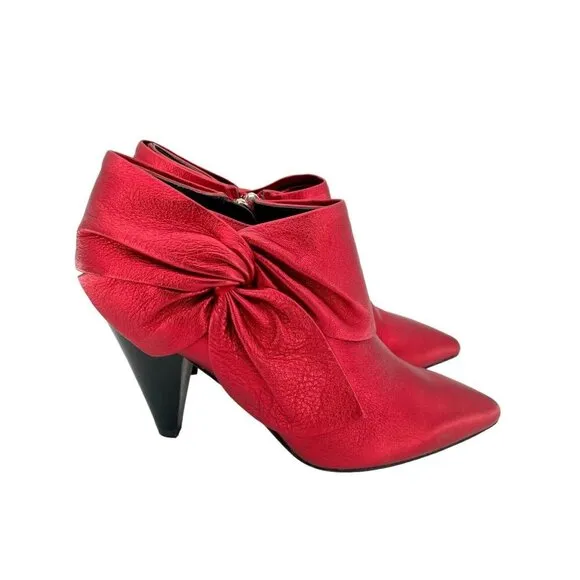 Paige Ankle Booties Red Chrome Metallic Leather Bow Pointed Toe SZ 6.5