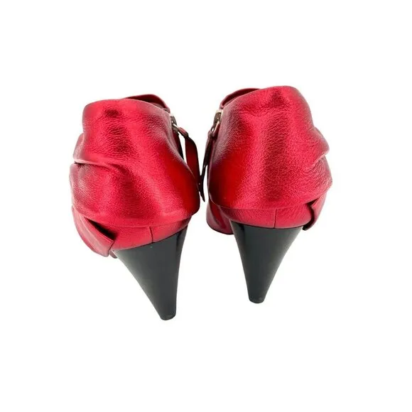 Paige Ankle Booties Red Chrome Metallic Leather Bow Pointed Toe SZ 6.5