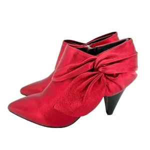 Paige Ankle Booties Red Chrome Metallic Leather Bow Pointed Toe SZ 6.5