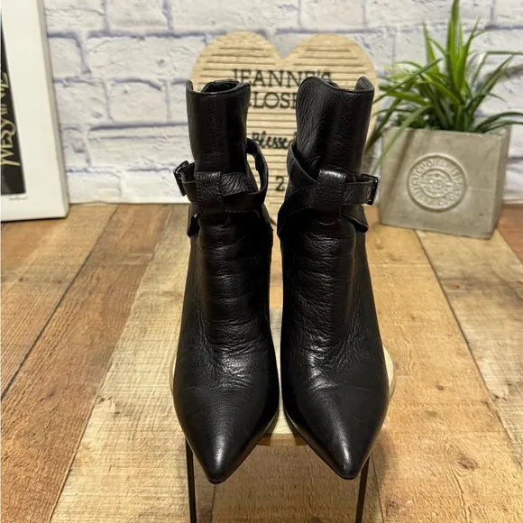 Paige Camille Pointed Toe Black Leather Buckle Straps Ankle Boots