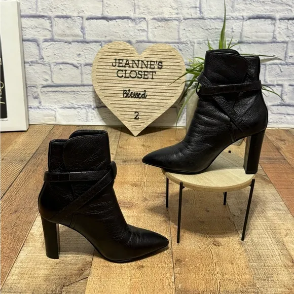 Paige Camille Pointed Toe Black Leather Buckle Straps Ankle Boots
