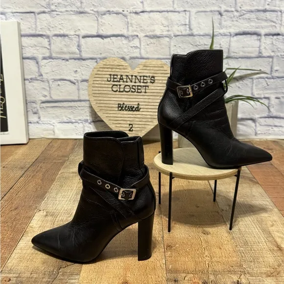 Paige Camille Pointed Toe Black Leather Buckle Straps Ankle Boots