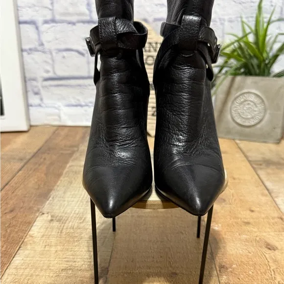 Paige Camille Pointed Toe Black Leather Buckle Straps Ankle Boots