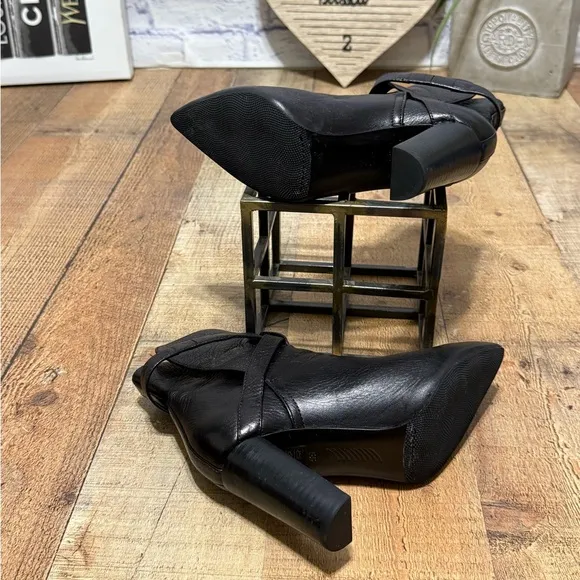 Paige Camille Pointed Toe Black Leather Buckle Straps Ankle Boots