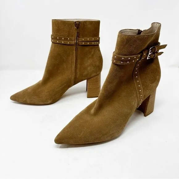 Paige Celia Boots Cognac Pointed Toe Suede Block Heel Booties Size 11