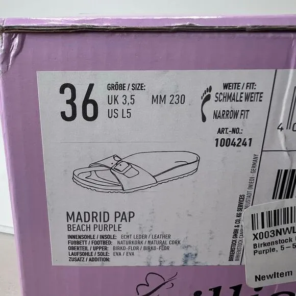 Papillio by Birkenstock Madrid PAP Sandals Beach Purple Women 5/EU 36 NWB Narrow
