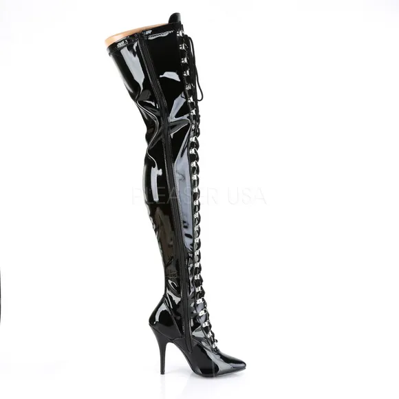 Patent Pointed Toe Lace Up Heel Thigh High Boots