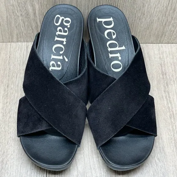 Pedro Garcia Sandals Womens Sz 38/8 Criss Cross Pump Slides Suede Leather Black