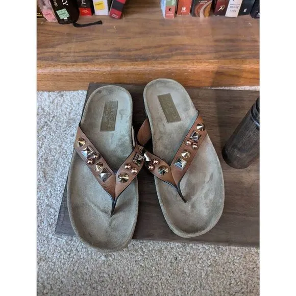 Pedro Garcia Women's 38.5 US 8.5 Brown Studded Leather Slip on Thong Sandals