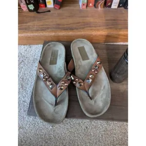 Pedro Garcia Women's 38.5 US 8.5 Brown Studded Leather Slip on Thong Sandals